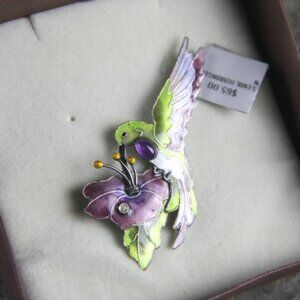 Enamel Hummingbird brooch pin, amethyst and crystal beads